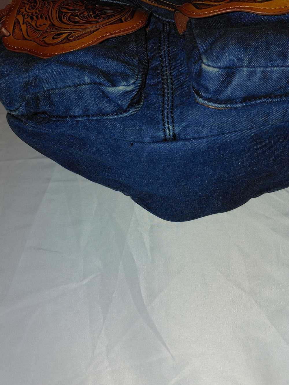 Wrangler Blue Denim Hobo Bag with Brown Tooled Leather Accents - Picture 5 of 11